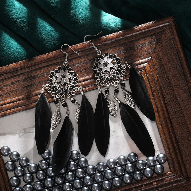 Black Flower Boho Ethnic Feather Dangle Earrings Fashion Party Girls Pendant