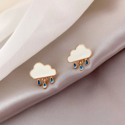 White Cloud and Rain Drop Earrings Women Fashion Creative Art Cute Stylish