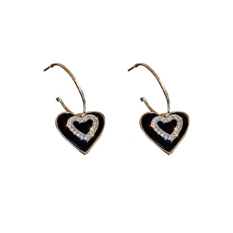 Rhinestone Black Heart Drop Earrings Women Party Wedding Jewelry Dangle Gifts