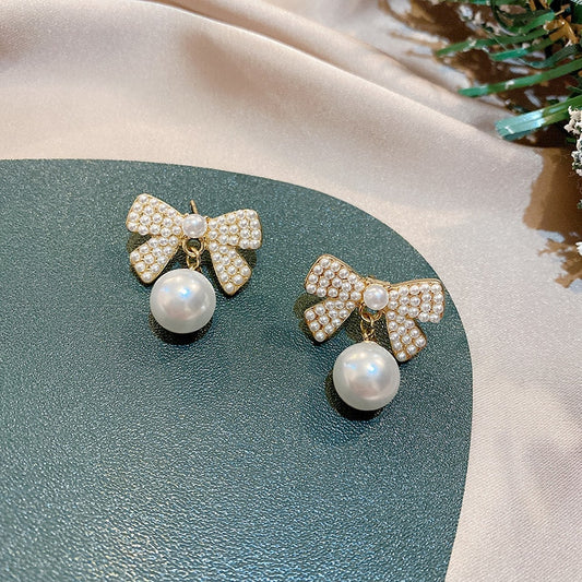 Bow Imitation Pearl Stud Earring Charm Woman Wedding Elegant Romantic Ear