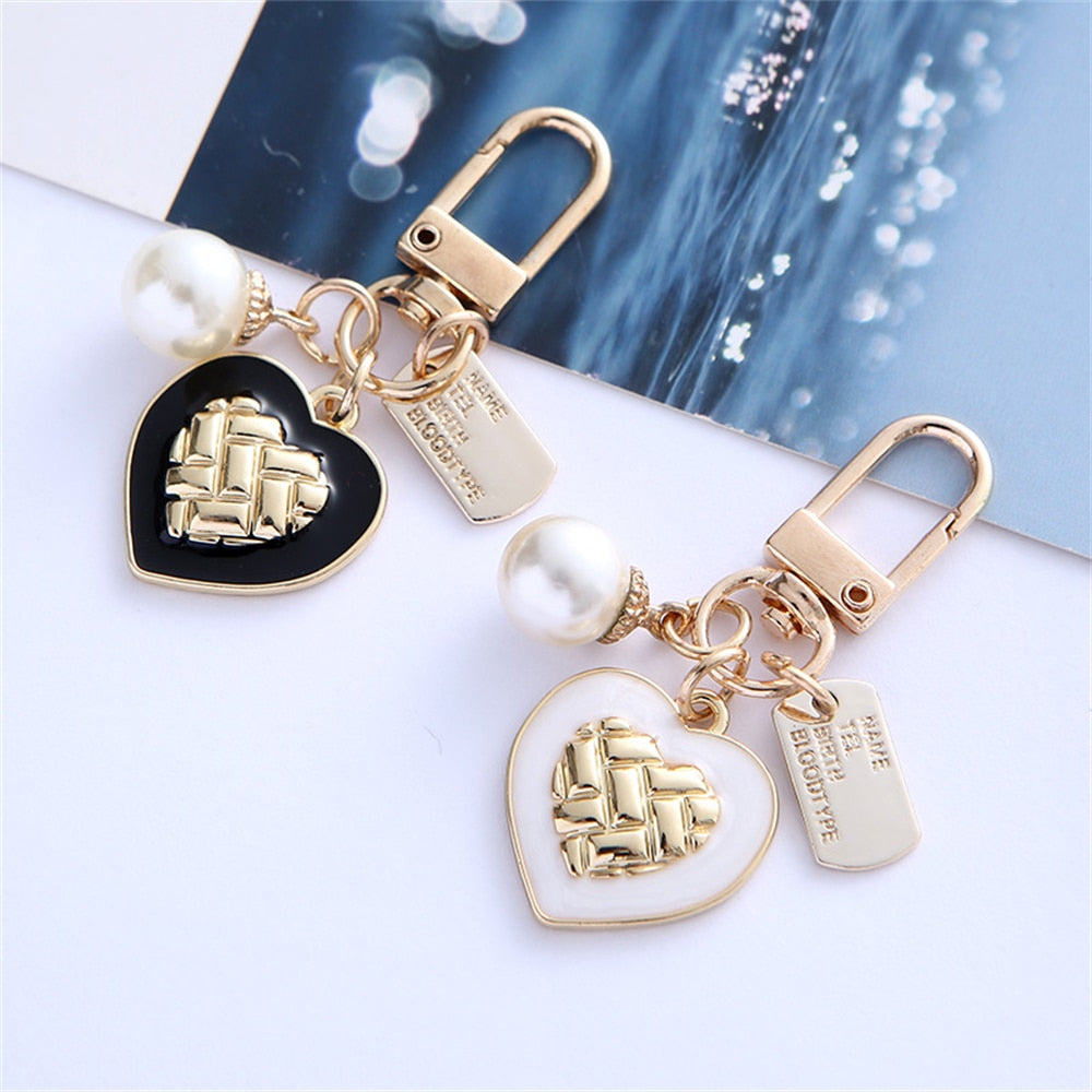 2 Styles Pearl Heart Pendant Keychain Women Key Ring Earphone Case Bag Charms