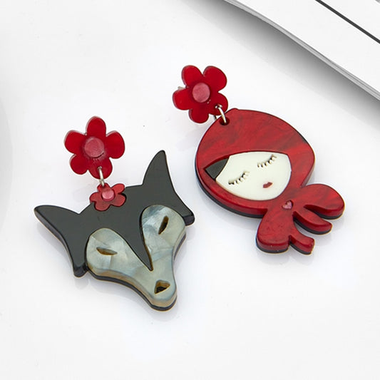 Wolf and Red Hat Drop Earrings Women Travel Fashion Cartoon Earrings Creative