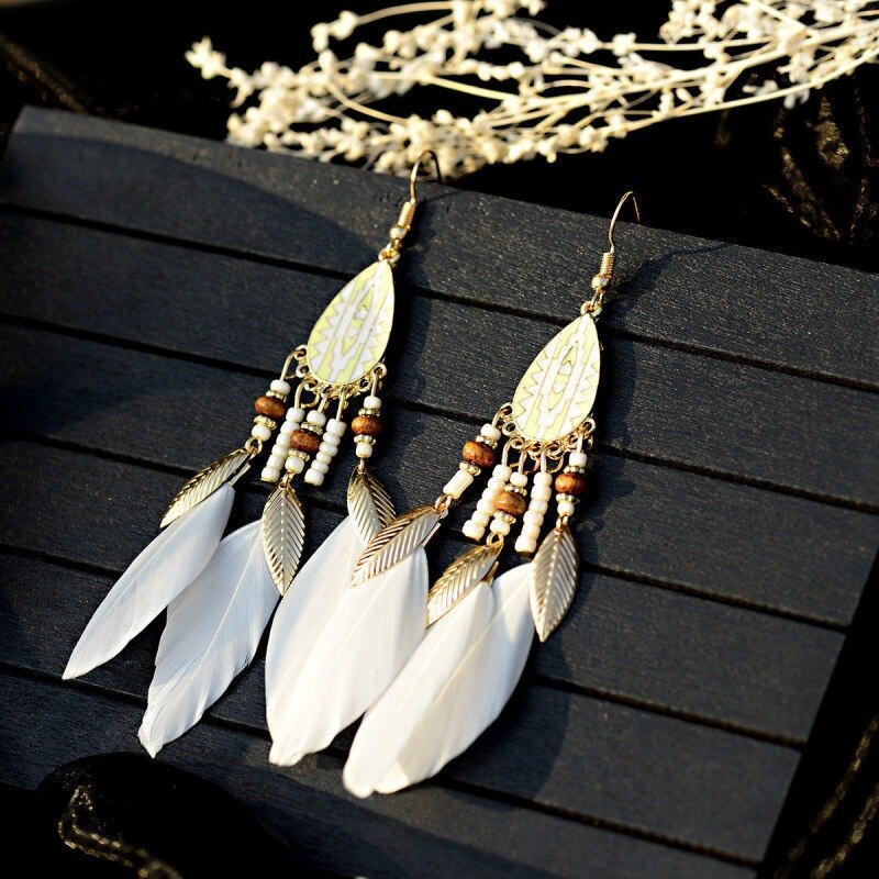 Boho White Feathers and Beads Dangle Earrings for Fashion Stylish Jewelry Drop