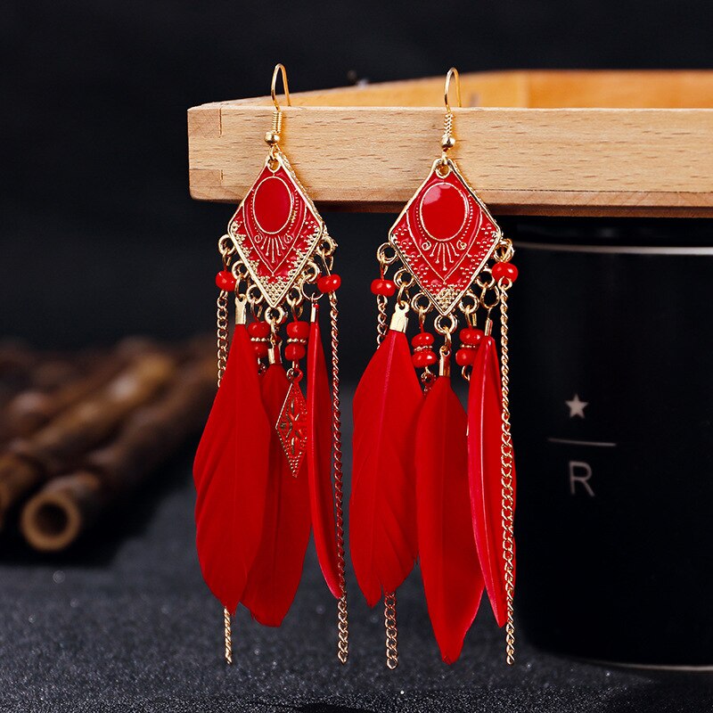 Red Rhombus Feathers Dangle Earrings for Fashion Stylish Jewelry Drop Earrings