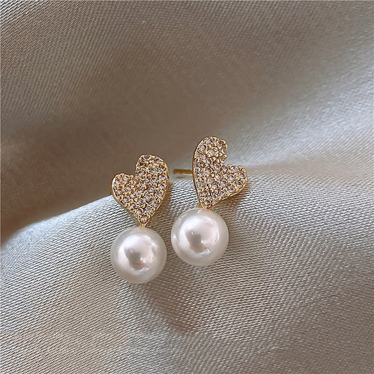 Crystal Heart Pearl Drop Earrings Women Party Wedding Jewelry Dangle Gifts