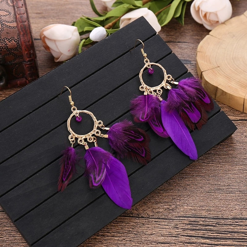 Purple Boho Ethnic Feather Dangle Earrings Fashion Party Girls Pendant Earrings