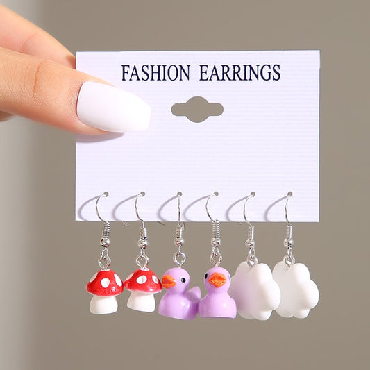 3 Pairs Cloud Mushroom Ducky Drop Earrings Fashion Women Summer Party Jewelry