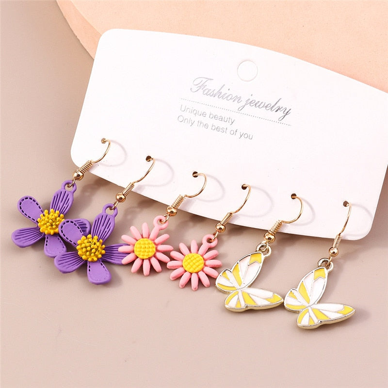 3 Pairs Purple Pink Flower Butterfly Dangle Earrings for Girls Women Birthday