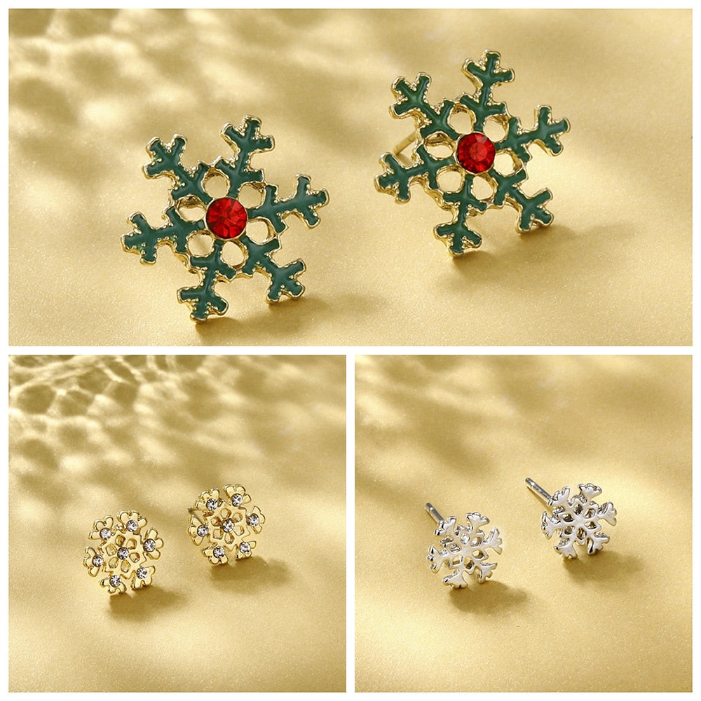 12 Styles Christmas Snowflake Elk Stud Earrings Cute Women Mini Zircon Ear