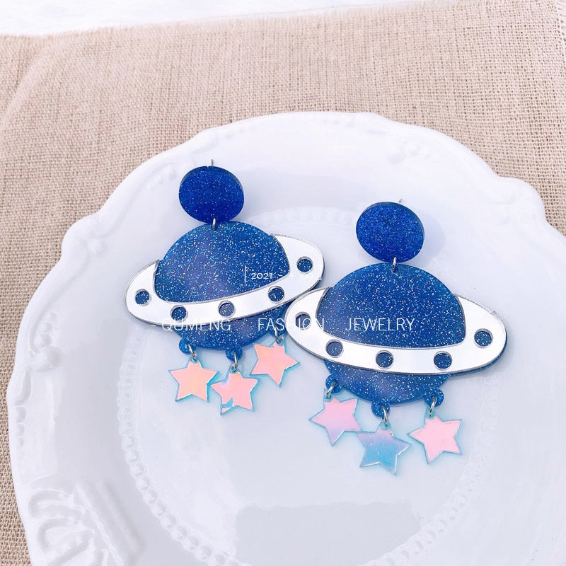 Glitter Blue Planet Drop Earrings Female Travel Cartoon Earrings Creative Art