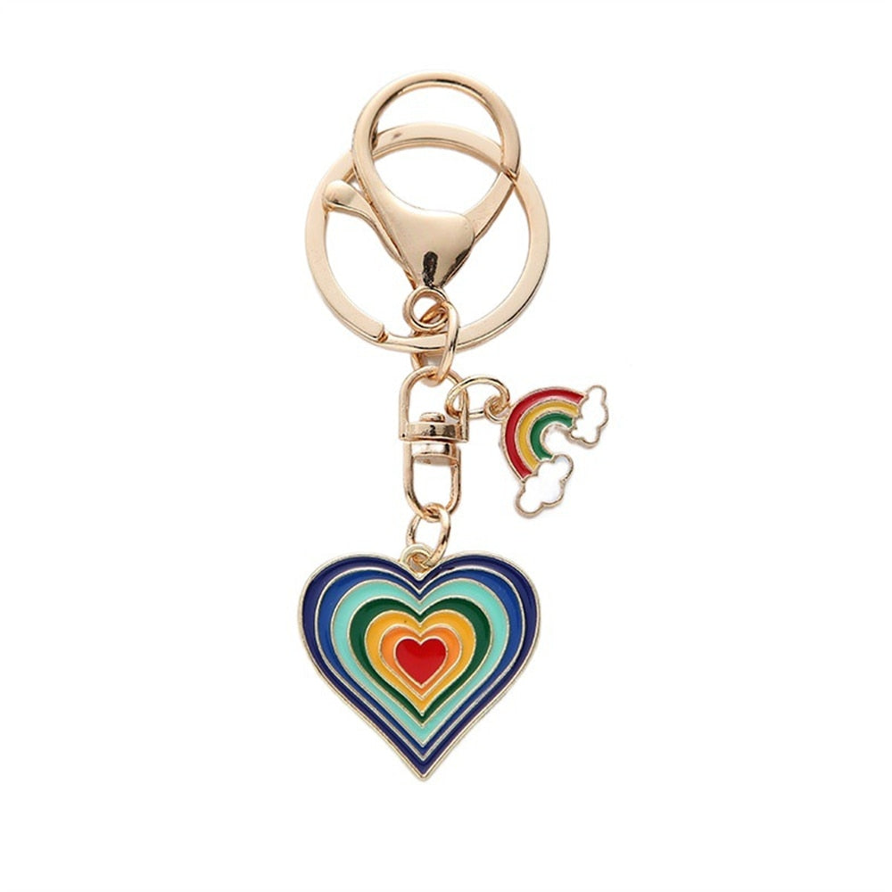 2 Styles Alloy Heart Rainbow Charms Keychain Couple Keyring Love Gift Woemn Bag