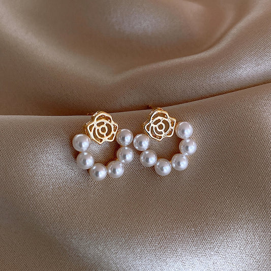 Rose Imitation Pearl Stud Earring Charm Woman Wedding Elegant Romantic Ear