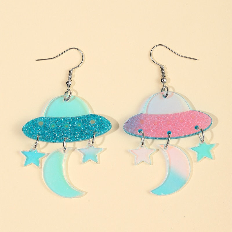 Holographic Alien Ship Drop Earrings Women Travel Fashion Cartoon Earrings