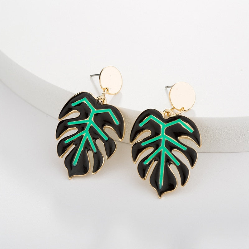 4 Colors Hollow Tropical Plant Leaf Drop Earrings Cartoon Ear Pendants