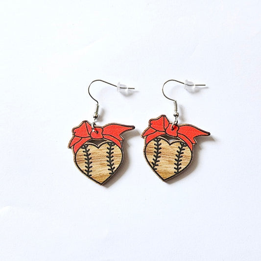 Softball Heart Wooden Drop Earrings Women Gifts Earring Cute Girls Eardrop