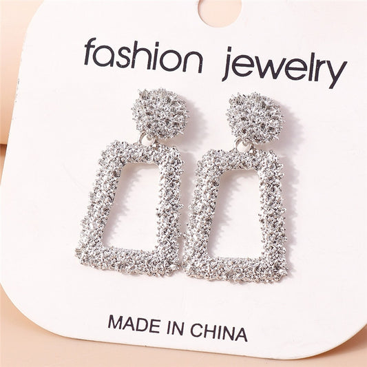 Silver-colored Textured Geometric Drop Earrings For Women Girl Fashion Modern