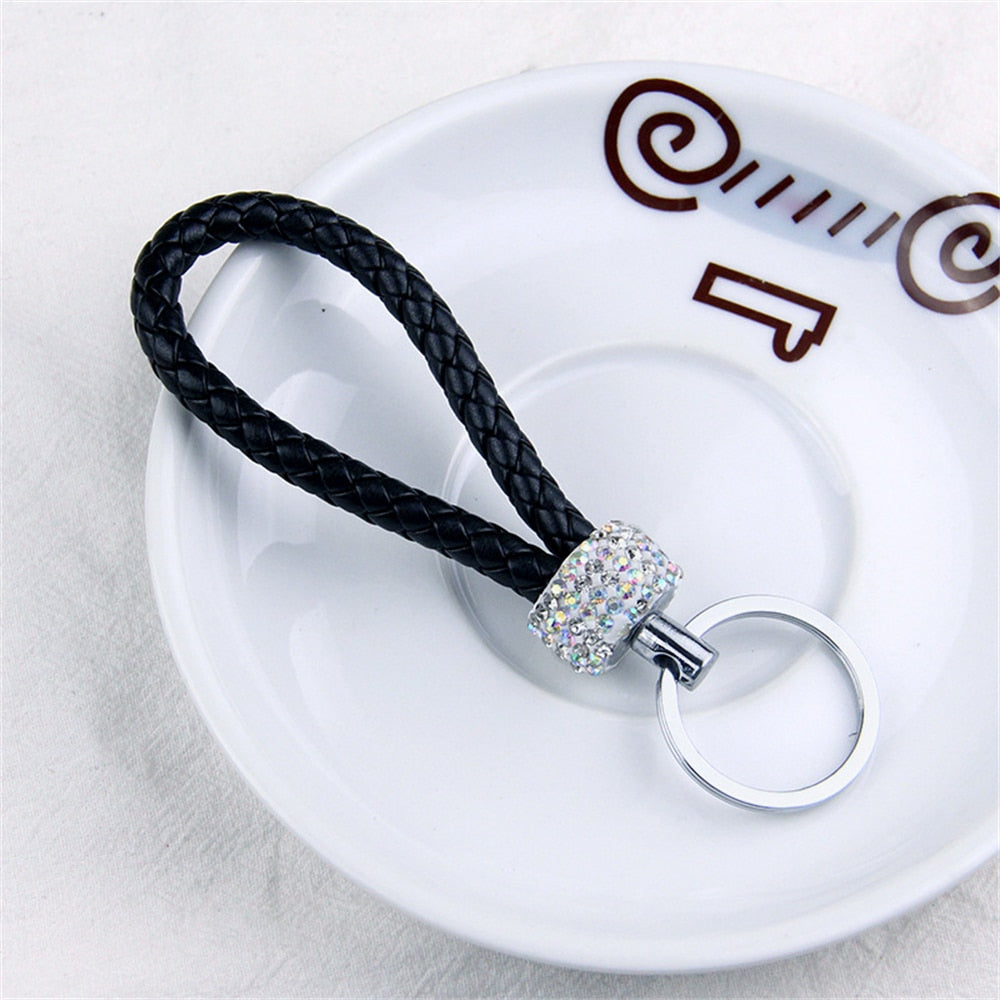 14 Styles PU Leather Braided Rope Keychain Glitter Rhinestones Key Ring For