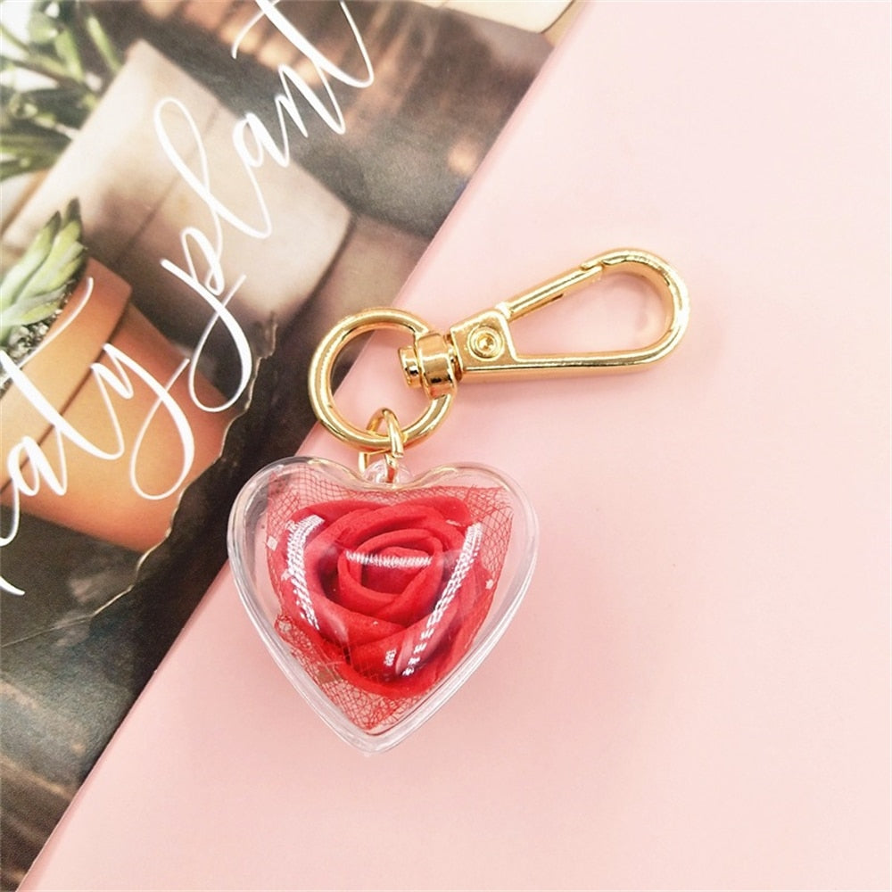 7 Colors Romantic Rose Flower Keychains Charms Transparent Eternal Flower Key