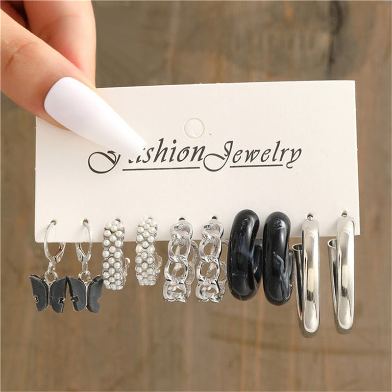 6 Styles 5-6 Pairs Set Butterfly Pearl Hoop Drop Dangle Earrings Trendy Women