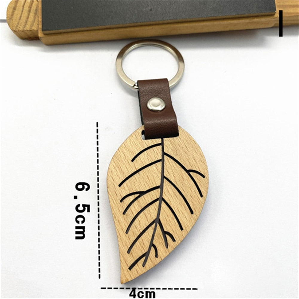 10 Styles Wooden Keychain Geometric House Car Shape Leather Wood Keyring Bag