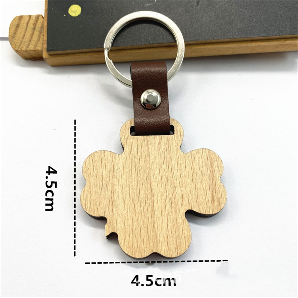 10 Styles Wooden Keychain Geometric House Car Shape Leather Wood Keyring Bag