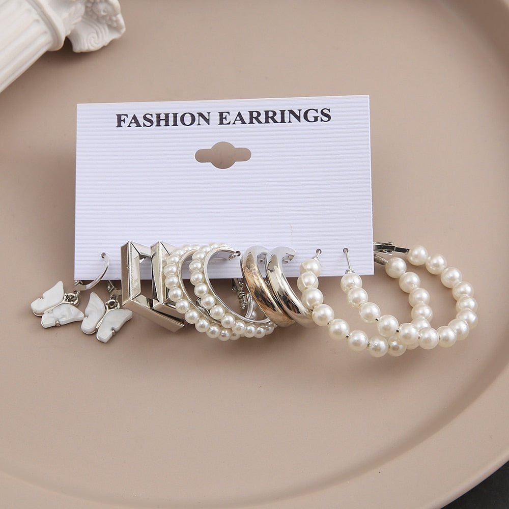 6 Styles 5-6 Pairs Set Butterfly Pearl Hoop Drop Dangle Earrings Trendy Women