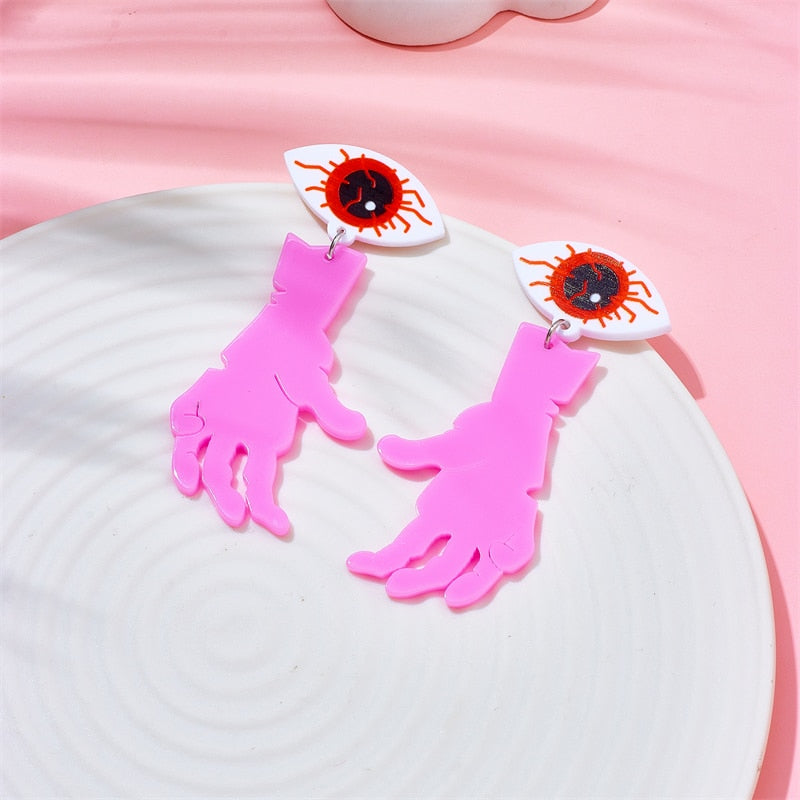 Pink Hand and Eye Drop Earrings Female Travel Cartoon Earrings Creative Art