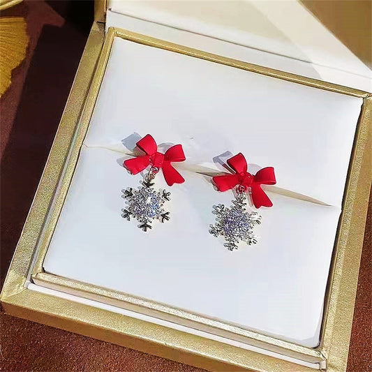 Red Bow Snowflake Exquisite Stud Earrings Women Statement Earrings Party Jewelry