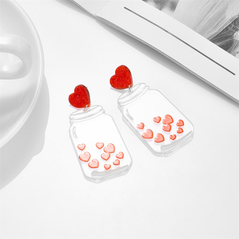 Jar and Heart Drop Earrings Women Travel Fashion Cartoon Earrings Creative