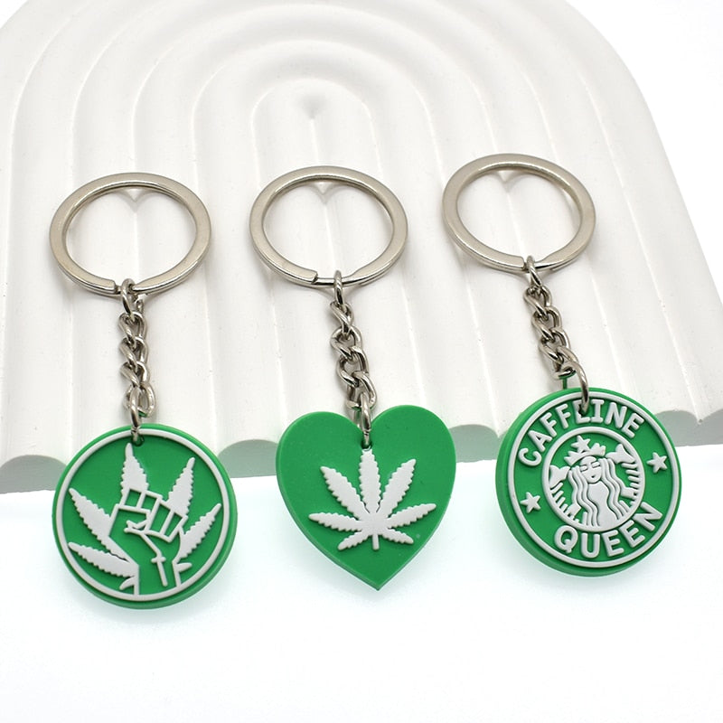 20 Styles Hemp leaf Soft PVC Keychain Smoke Green Rubber Key Ring Hiphop Pendant