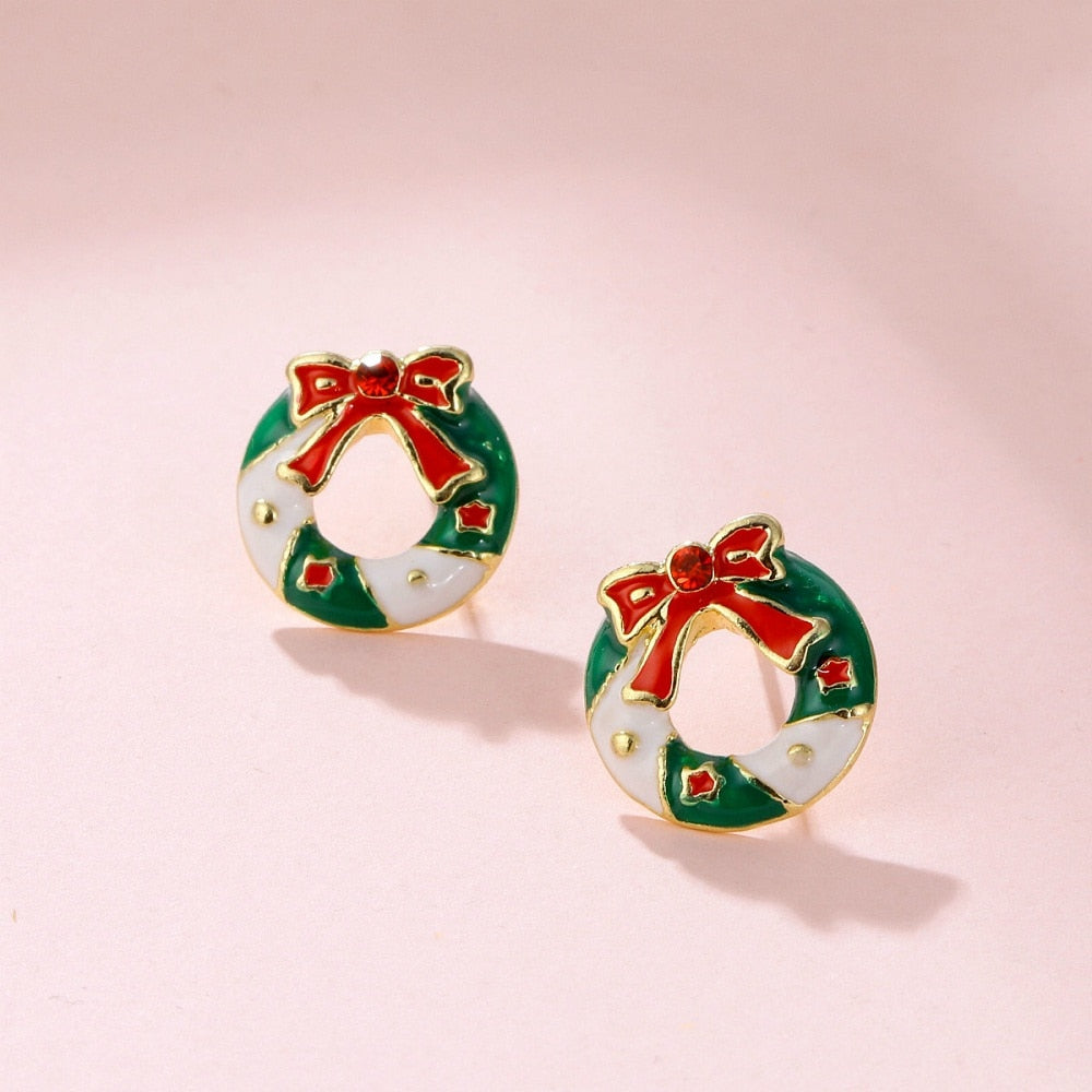 Christmas Wreath Stud Earrings Cute Women Mini Zircon Ear Jewelry