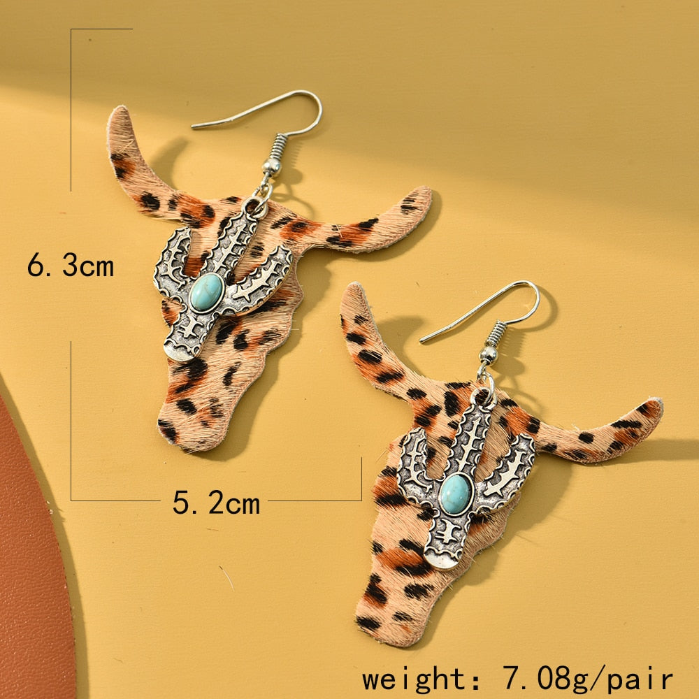 Creative Leopard Print Bull Head Drop Earrings Jewelry For Women Fashion