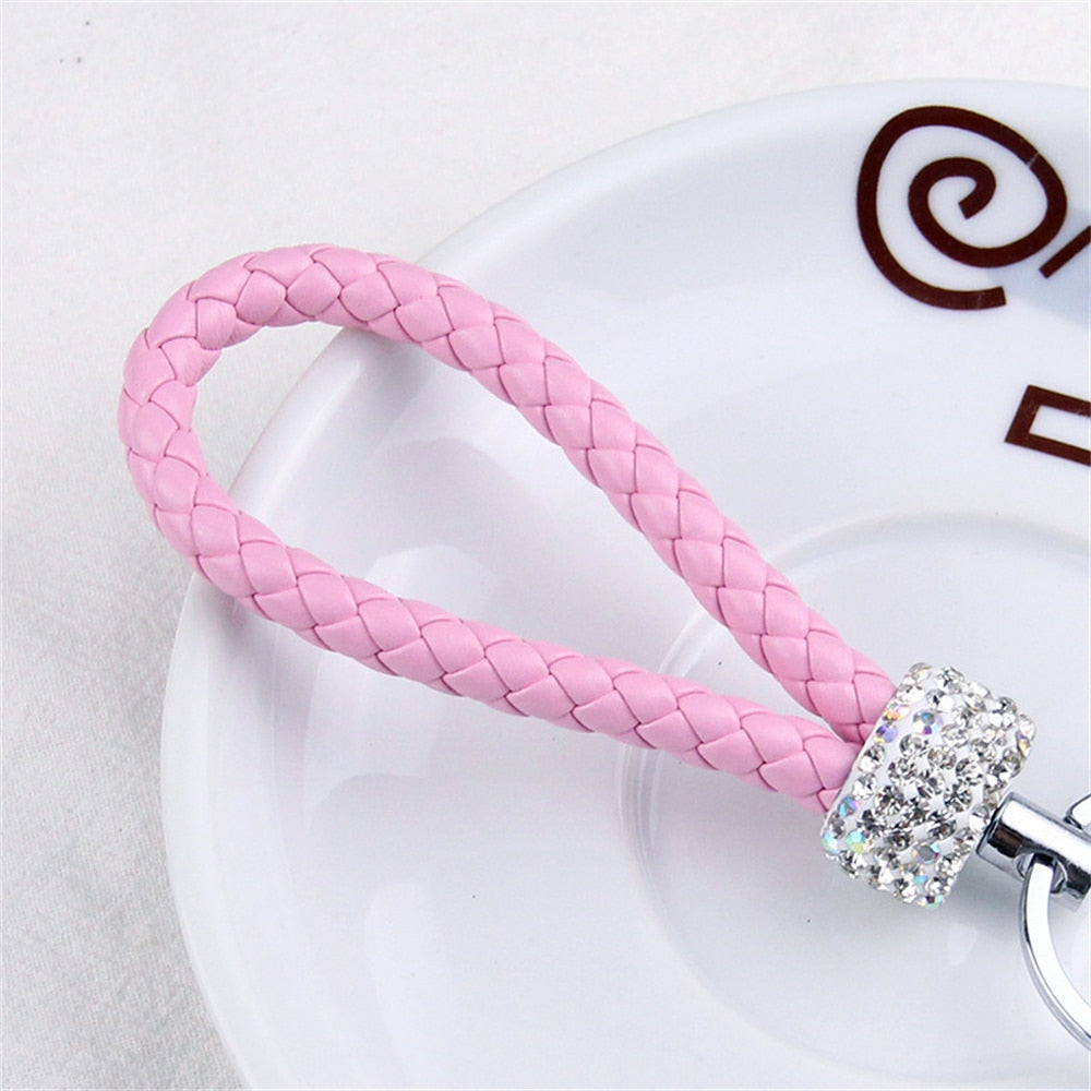 14 Styles PU Leather Braided Rope Keychain Glitter Rhinestones Key Ring For