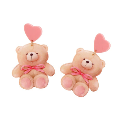 Cute Bear with Heart and Bow Drop Earrings Women Creativity Jewelry Cute Earring