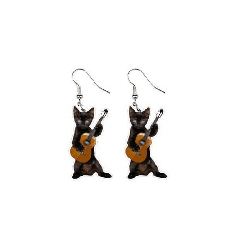 Vintage Cat and Guitar Drop Earrings Women Party Wedding Jewelry Dangle Gifts