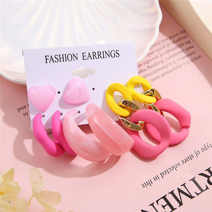 4 Pairs Candy Pink Hoop Earrings Trendy Jewelry Creative Style Accessories