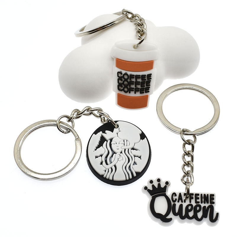 14 Styles PVC Coffee Lover Fan Caffeine Keychain Cartoon Key Ring Anime Pendant