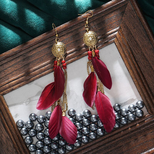 Burgundy Feathers Dangle Earrings for Fashion Stylish Jewelry Drop Earrings