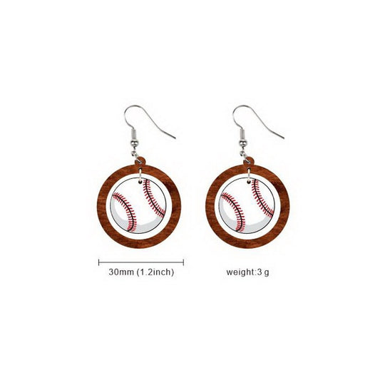 Round Wood Sports Baseball Dangle Earrings for Girls Women Birthday Gift Lovely