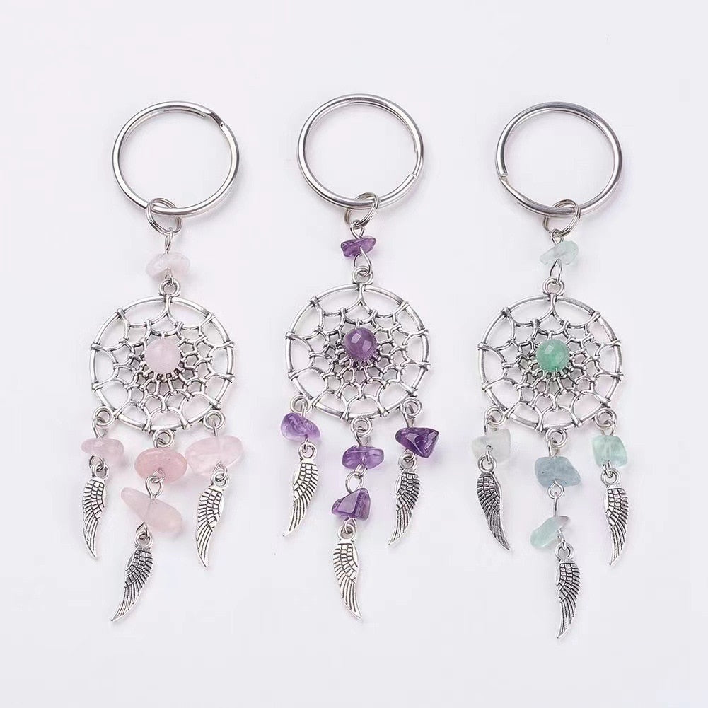 4 Styles Bohemian Dreamcatcher Alloy Keychain Matural Stone Wing Tassel Keyring