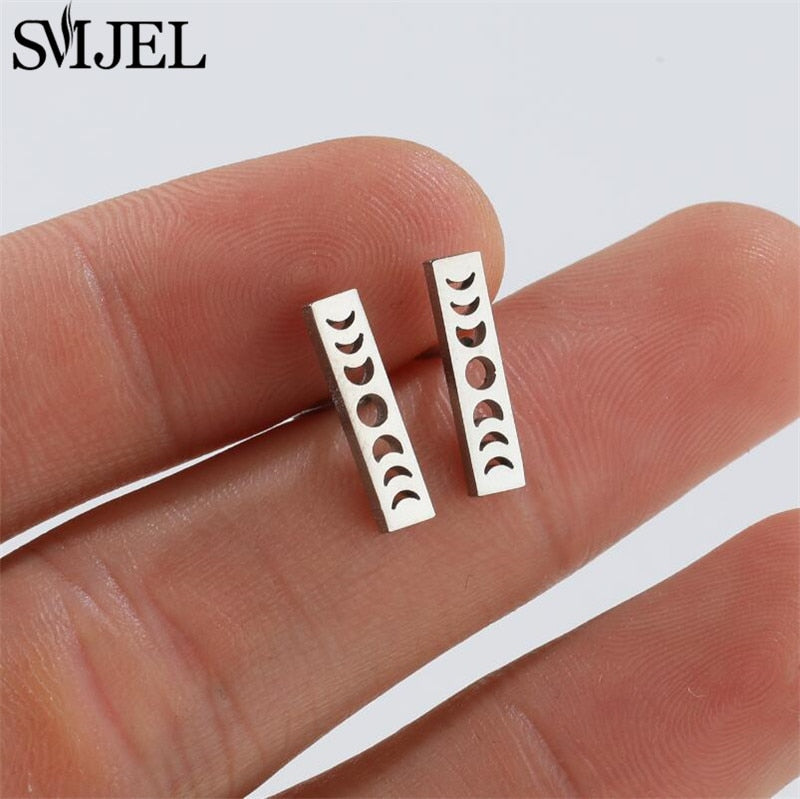 Silver-colored Moon Phase Stainless Steel Earrings Women Jewelry Small Studs