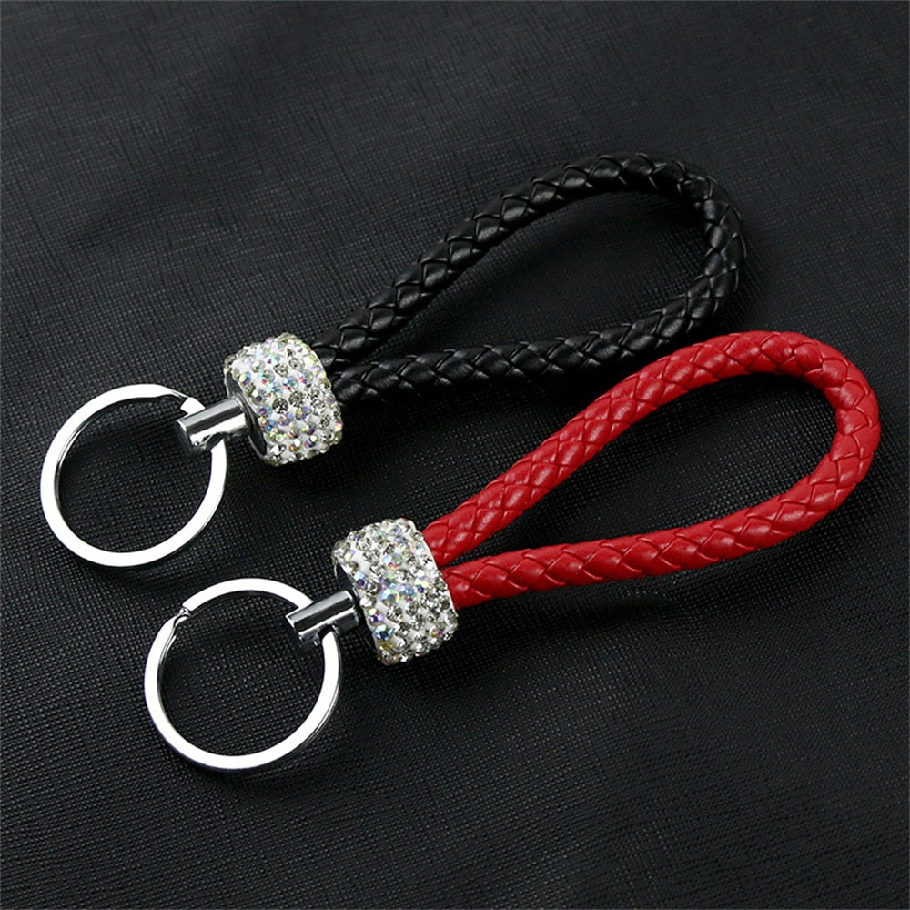 14 Styles PU Leather Braided Rope Keychain Glitter Rhinestones Key Ring For