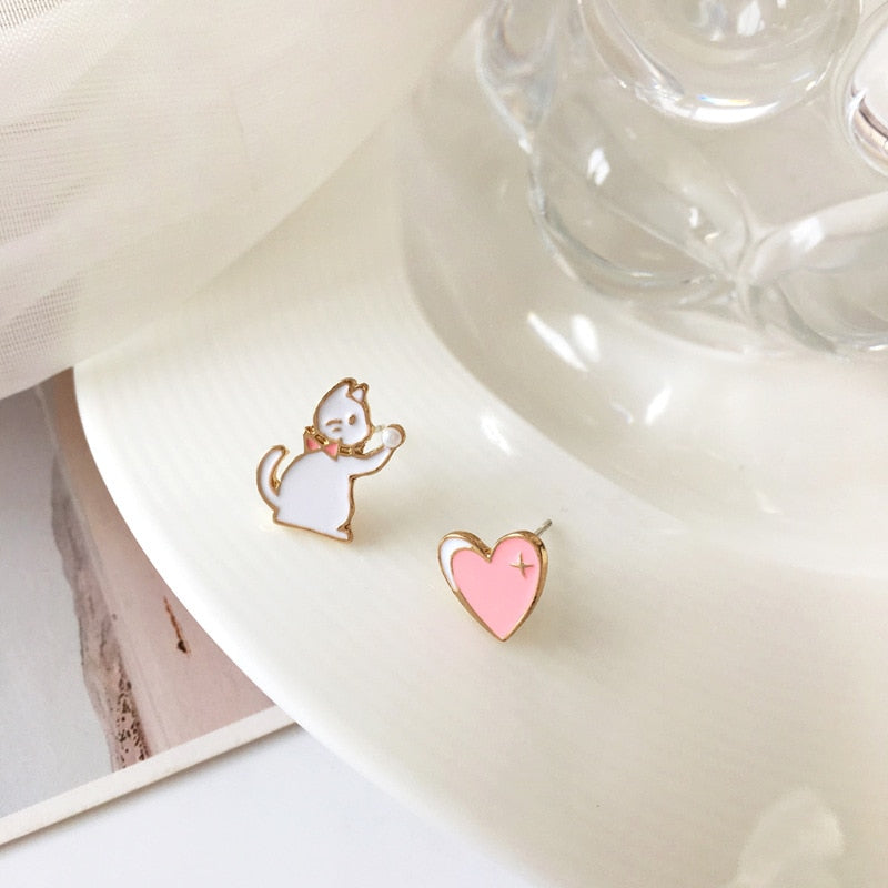 Cute Heart Cat Stud Earrings Women Party Wedding Jewelry Creative Gifts Earrings