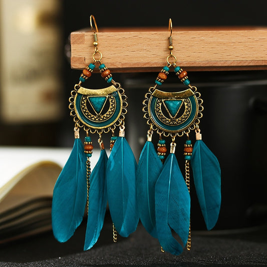 Deep Blue Boho Ethnic Feather Dangle Earrings Fashion Party Girls Pendant