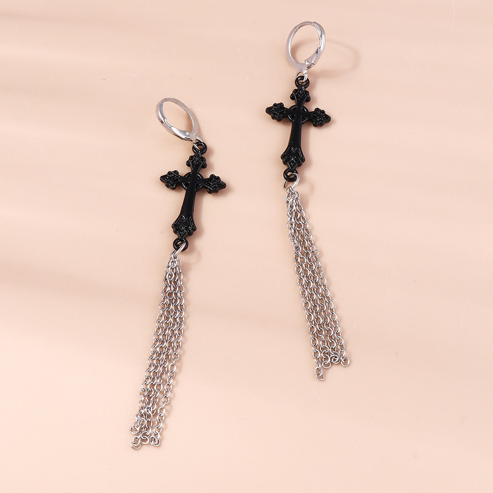 Black Cross with Metal Tassel Drop Earrings Women Creativity Jewelry Cute