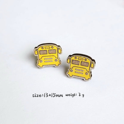 Wooden Cartoon School Bus Stud Charm Earrings For Women Girl Fashion Modern