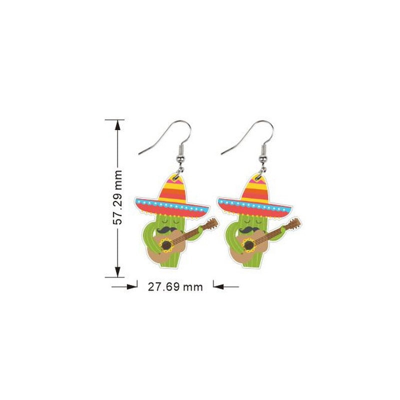 Cactus and Guitar Mexican Pattern Drop Earrings Women Travel Fashion Cartoon