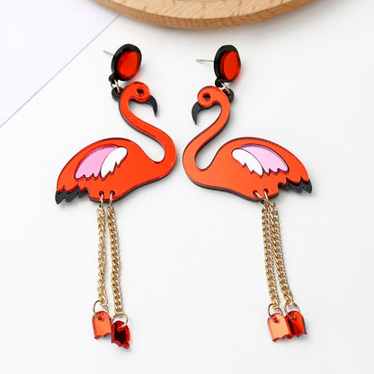 Red Flamingo Tassel Drop Earrings Women Travel Fashion Cartoon Earrings Creative