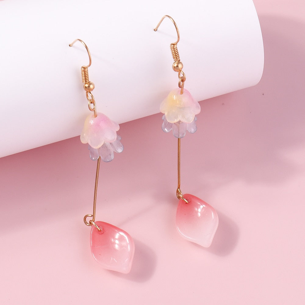 Pink Petal Flower Drop Earrings Women Creativity Jewelry Cute Earring Girls Gift