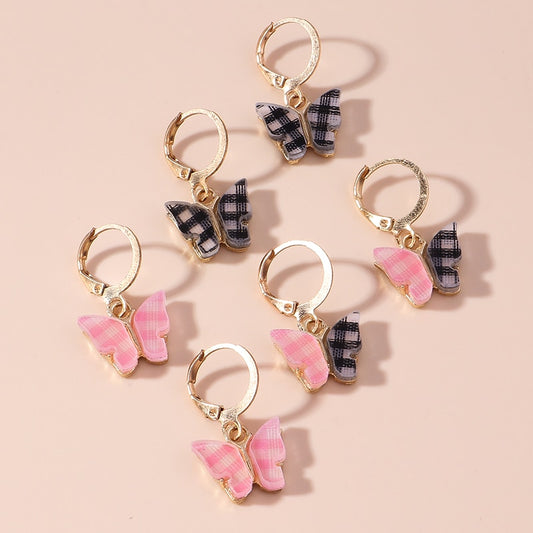 3 Pairs Pink Black Plaid Butterfly Dangle Earrings for Girls Women Birthday Gift